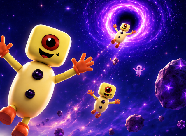 A Decimator character floating in space near a purple portal, with two smaller Decimators and crystal asteroids